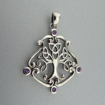 Zilveren Hanger Keltische Levensboom met kleine Amethist steentjes  