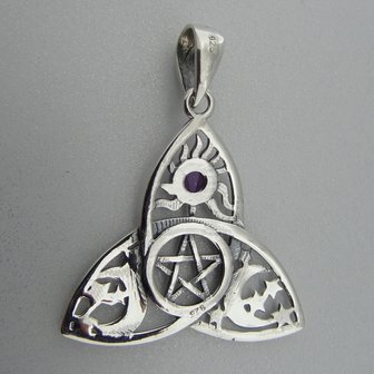 Zilveren Hanger Keltische Triquetra Pentagram Maan Zon met Amethist