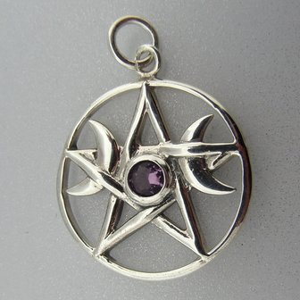 Zilveren Hanger Pentagram met Halve Manen en Zirkonia steentje  