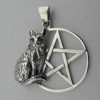 Zilveren Hanger Kat op Pentagram  
