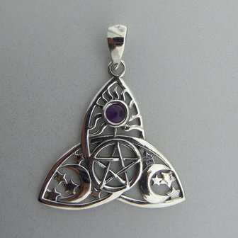 Zilveren Hanger Keltische Triquetra Pentagram Maan Zon met Amethist