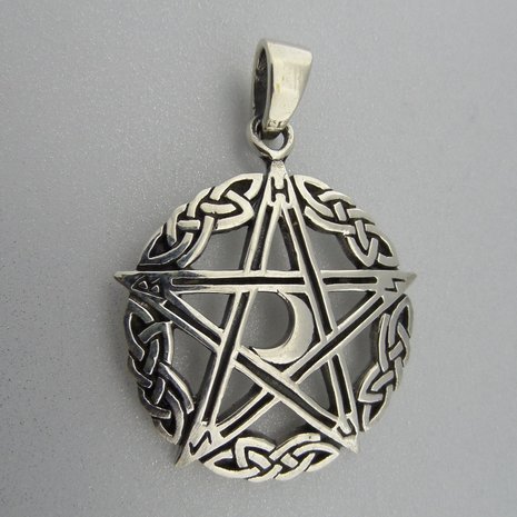 Zilveren Hanger Pentagram Halve Maan in Keltische Cirkel  