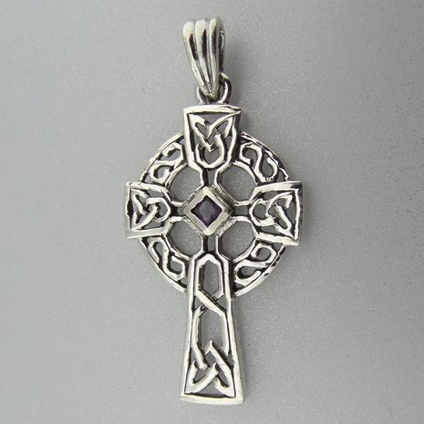 Zilveren Hanger Keltisch Kruis met Zirkonia paars 