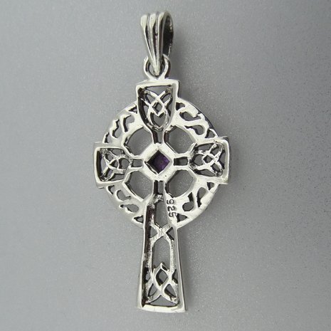 Zilveren Hanger Keltisch Kruis met Zirkonia paars 