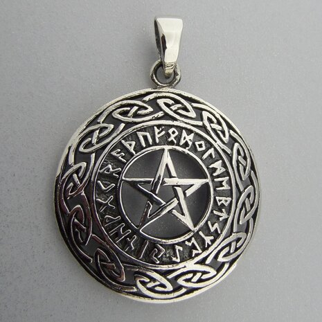 Zilveren Hanger Pentagram in Keltische Cirkel met Runentekens  